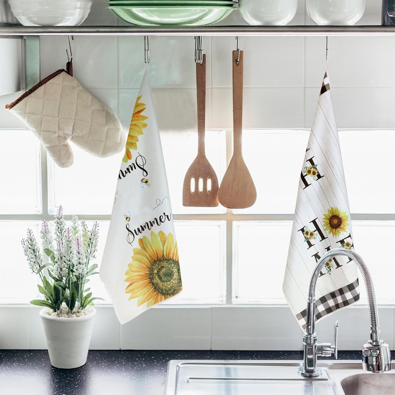 4-pcs-sunflower-kitchen-towels-set-hand-tea-towels-gifts-absorbent-fast-drying-dish-clothes-floral-black-white-plaid-decor-housewarming-gift-for-cooking-bathroom-kitchen-decor