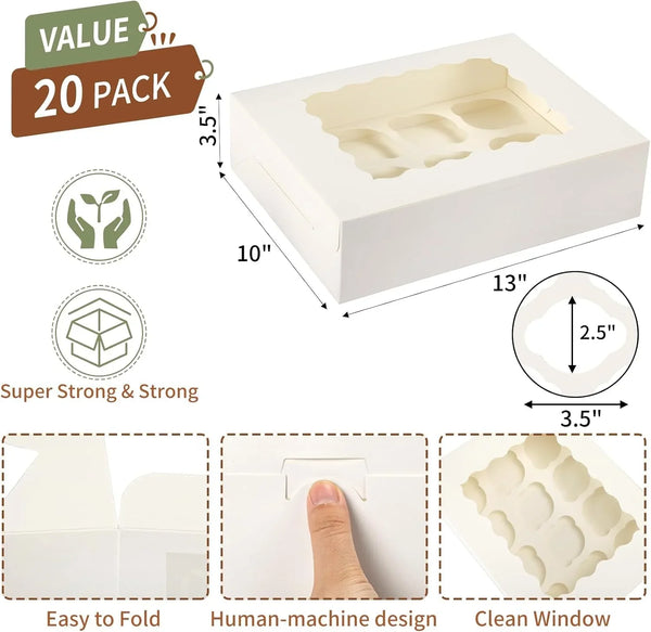 20-Pack Cupcake Boxes, 12 Count Bakery Boxes with Windows & Inserts | 13X10X3.5 Inches Food-Grade Cupcake Containers Ideal for Birthday & Holiday Parties2