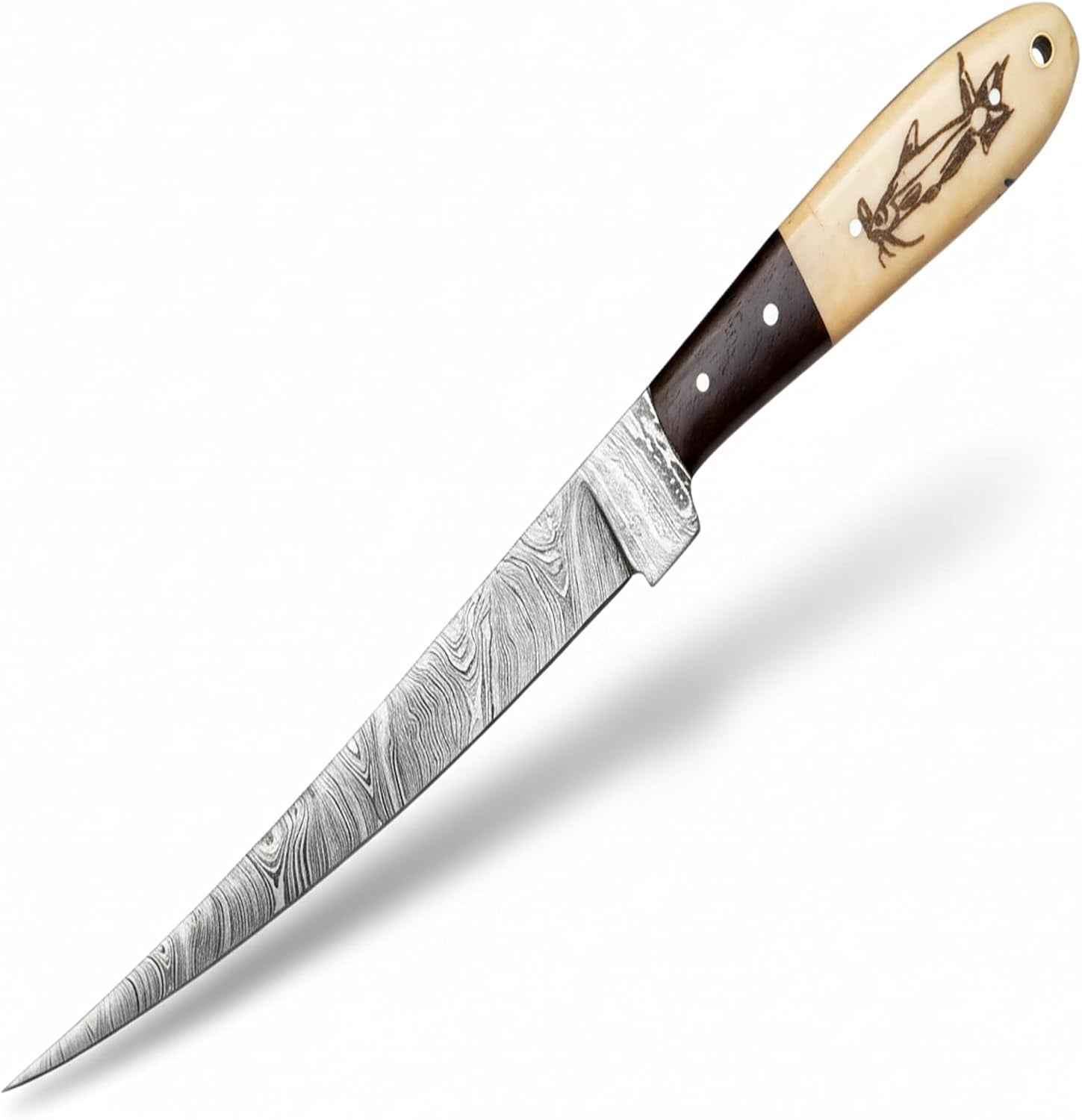 damascus-fillet-knife-13-total-length-8-blade-5-camel-bone-handle-with-engraved-fish-design-includes-leather-sheath-handcrafted-precision-knife-for-fishing-culinary-use