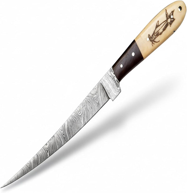 Damascus Fillet Knife - 13" Total Length, 8" Blade, 5" Camel Bone Handle with Engraved Fish Design, Includes Leather Sheath - Handcrafted Precision Knife for Fishing & Culinary Use1