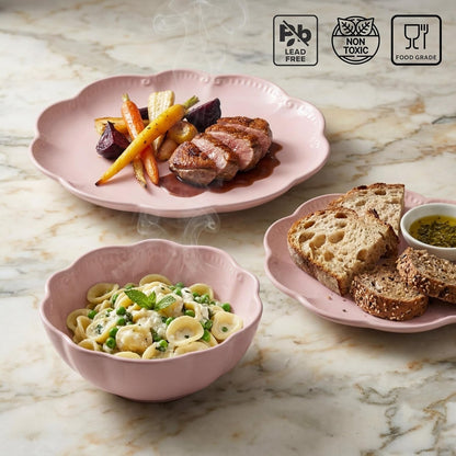 12 Pieces Scalloped Dinnerware Set, Modern Pink Dishes for 4, Premium Serving Plates & Bowls Sets, Chip Resistant, Blush Ceramic Dishware, Kitchen Dish, Microwave & Dishwasher Safe, Bethany3