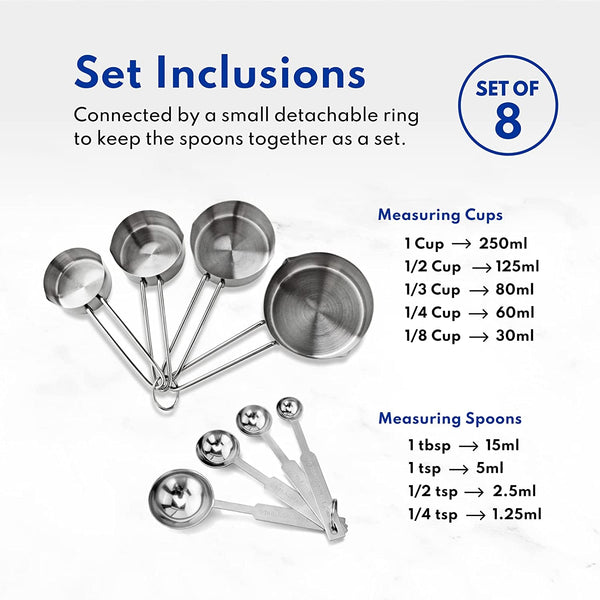 42917 Stainless Steel Measuring Cups and Spoons Set, 8-Piece Metal Measuring Set for Baking, Cooking, Dry and Liquid Ingredients, Restaurant Grade, Silver4