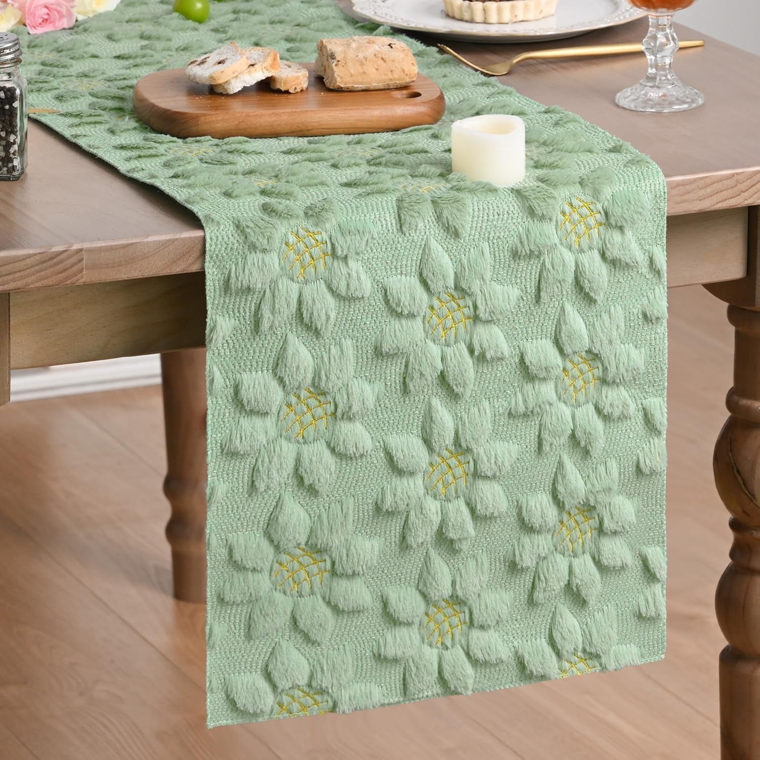 green-soft-plush-faux-fur-jacquard-embroidery-sunflower-spring-table-runner-kitchen-dining-table-decoration-for-home-party-decor-13x90-inch