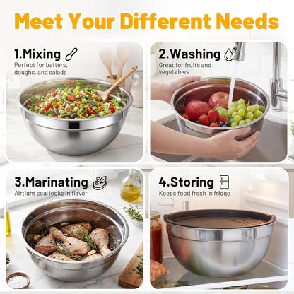 Stainless Steel Mixing Bowl with Lids, 2 Pack 5 QT Metal Large Stainless Mixing Bowls with Lids Set, Stackable Baking Bowl for Kitchen, Meal Prep, Serving and Cooking6