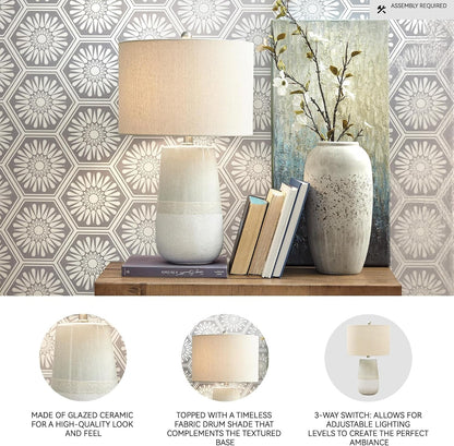 Signature Design by Ashley Shavon Ceramic Table Lamp, 26", 3-Way Switch | Textured Neutral Glazed Base, Beige and White Finish, Fabric Drum Shade, Versatile 3-Way Switch, Living Room Use3