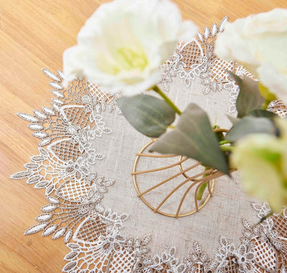 Natural Linen Doily 15" round Beige Lace Small Coffee Table Topper2