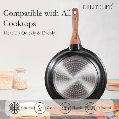 Nonstick Ceramic Frying Pans Skillets Set with Lids, Non-Toxic Egg Omelette Kitchen Cooking Pans Compatible with All Stovetops (Gas, Electric & Induction), PTFE & PFOA Free (Black)4