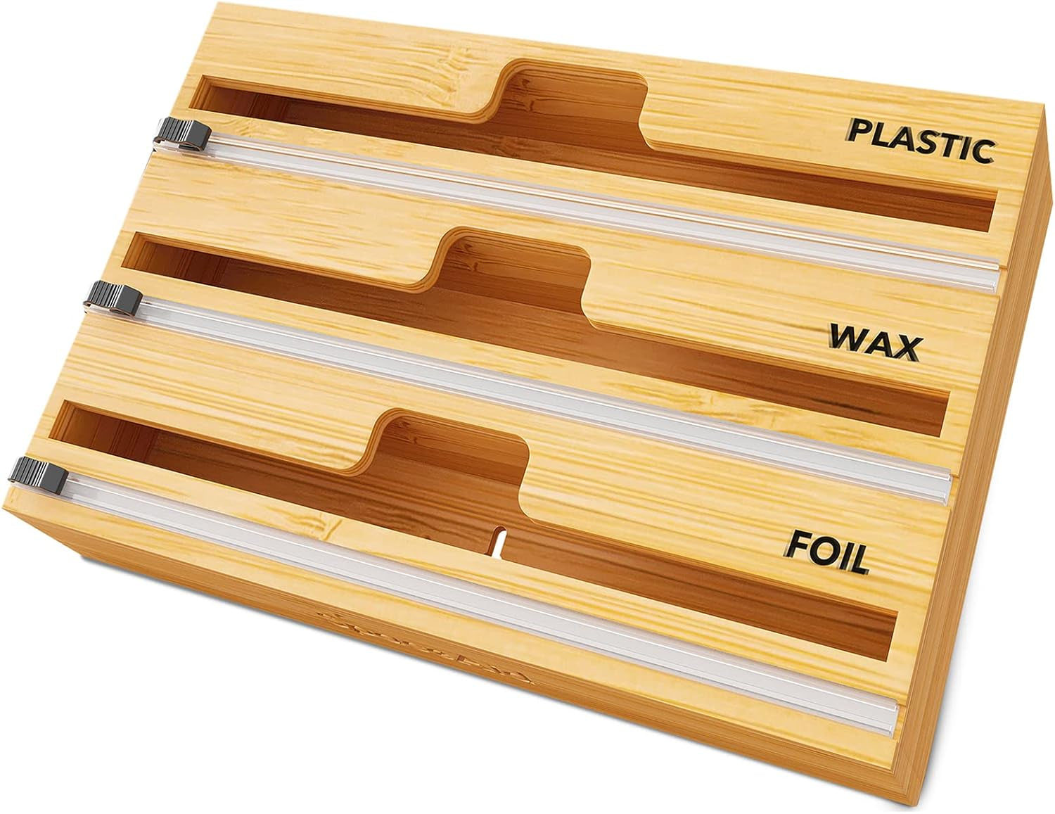 wrapneat-3-in-1-wrap-organizer-with-cutter-and-labels-plastic-wrap-aluminum-foil-and-wax-bamboo-dispenser-for-kitchen-storage-organization-holder-for-12-roll-natural
