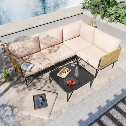 Patio Furniture Set, 5 Piece Outdoor Patio L-Shaped Conversation Set with Cushions and Table, All-Weather Rattan Woven Sectional Sofa for Backyard, Porch, Boho Detachable Lounger (Beige)2