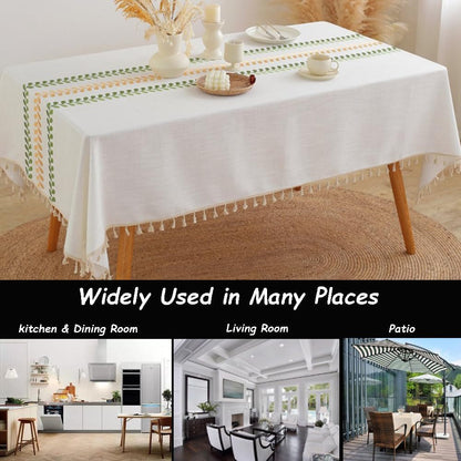 Rectangular Tablecloth, Embroidery Leaf Pattern Table Cloth Wrinkle Free Heavy Weight Cotton Linen Farmhouse Tablecloth Tassel Fabric Table Cover for Dining, Kitchen, Buffet6