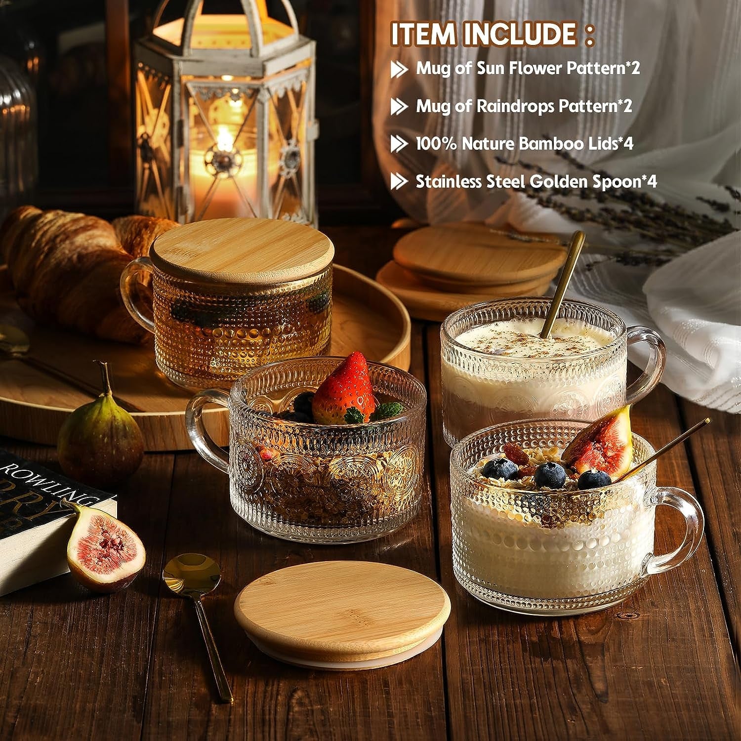 4pcs-set-vintage-coffee-mugs-gifts-for-women-overnight-oats-containers-with-bamboo-lids-and-spoons-14oz-clear-embossed-glass-cups-cute-coffee-bar-accessories-iced-coffee-glasses
