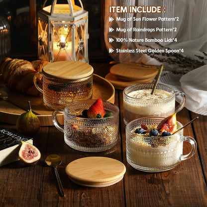 4Pcs Set Vintage Coffee Mugs Gifts for Women, Overnight Oats Containers with Bamboo Lids and Spoons - 14Oz Clear Embossed Glass Cups, Cute Coffee Bar Accessories, Iced Coffee Glasses2