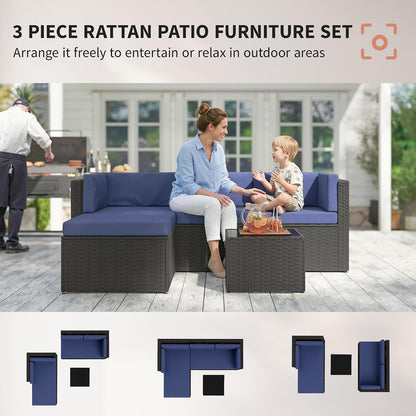 3 Piece Patio Furniture Set Deep Seating with Cushions Navy Blue3
