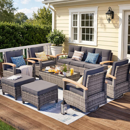8 Pieces Patio Furniture Sets,Wicker Patio Conversation Sets with 4 Wood Armrests Swivel Glide Chairs, 2 Ottoman, 3-Seat Sofa and Coffee Table (Grey)2