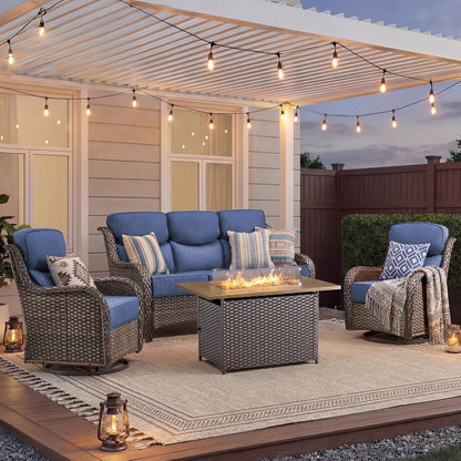 Luxury Patio Furniture Set with Fire Pit Table-4 Pieces High Back Wicker Swivel Rocker Chairs with 6" Extra Thick Cushions, Outdoor Patio Conversation Sets for Garden Deck(Brown/Blue)1