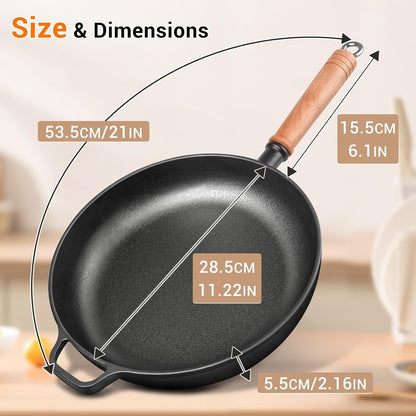 12" Cast Iron Skillets with Removable Wooden Handle, Pre-Seasoned Frying Pan for Stove, Oven, Grill & Campfire Cooking (1, 12")5