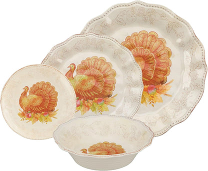 16 Piece Glitter Turkey Melamine Dinnerware Sets, Outdoor Dishes Set, Plates and Bowls Sets, Autumn Thanksgiving Decorations, Service for 4, Orange2