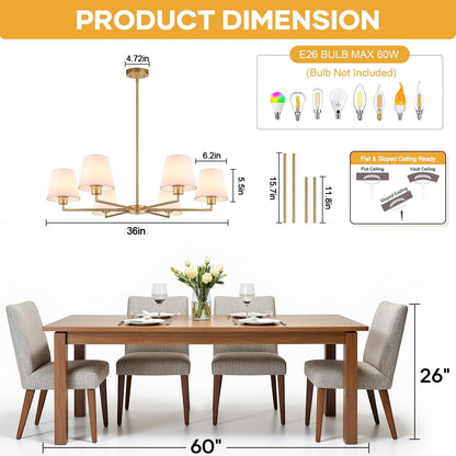 Brass Gold Chandeliers for Dining Room, 36" 6 Light No Assembly Required Antique Modern Gold Chandelier Light Fixture with White Fabric Shade, Classic Kitchen Pendant Lights over Table for Bedroom6