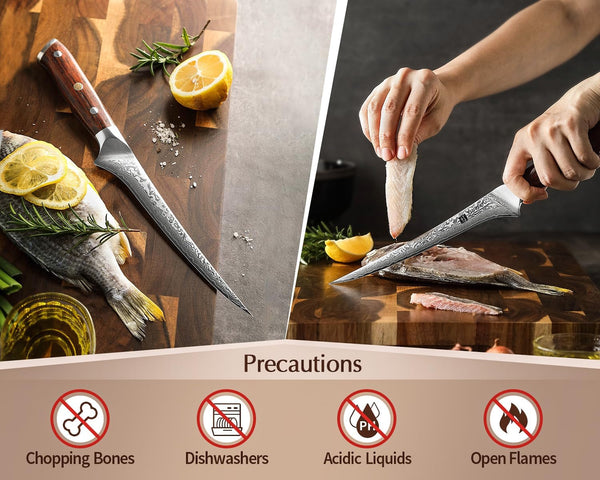 7 Inch Fillet Knife, Damascus Steel with 10Cr15Mov Core, Razor Sharp Boning Knife for Fish, Meat & Seafood, Rosewood Handle7
