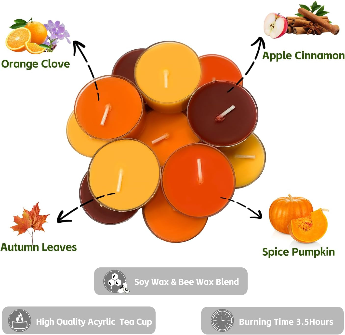 fall-scented-tealight-candles-16-pack-natural-soy-bee-wax-blend-autumn-colors-orange-yellow-shades-3-5-hour-burn-time-strong-fragrance-for-home-16-pcs-by