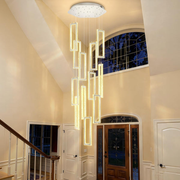 H158 Crystal Rectangle Chandelier 12 Ring Chandeliers for High Ceiling Gold Large Pendant Lighting High Ceiling Light for Living Room Staircase Foyer6