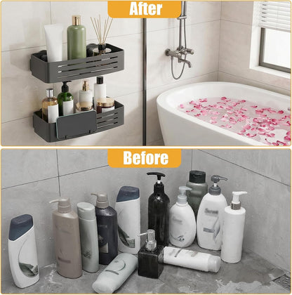 2 Pack Shower Caddy Suction Cups, Shower Shelves with 4 Hooks Rust-Proof Aluminum Alloy,Large Capacity No Drilling Required Removable Bathroom Storage Rack for Shampoo, Shower Gel, Razors7