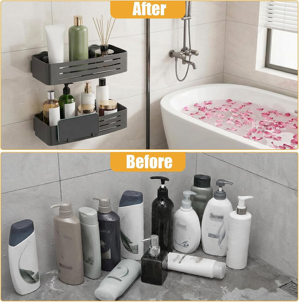 2 Pack Shower Caddy Suction Cups, Shower Shelves with 4 Hooks Rust-Proof Aluminum Alloy,Large Capacity No Drilling Required Removable Bathroom Storage Rack for Shampoo, Shower Gel, Razors7