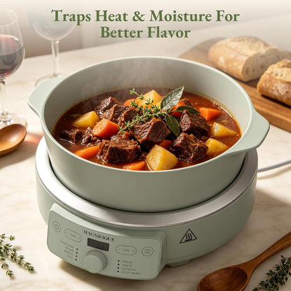 4.5 Quart Slow Cooker, 8-In-1 Casserole Programmable round Multi-Cooker, Non-Toxic Clay Pot Slow Cooker for Rice, Pasta, Steam & Proof, Oven Safe Pot to 500°F, Olive4