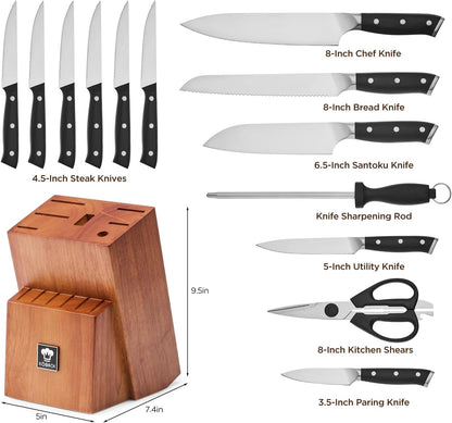 14 PCS Knife Set with Oak Wood Block,High Carbon Stainless Steel Kitchen Knife Set with Chef Knife, Santoku, Bread, Paring,Steak Knives, Kitchen Shears Sharp Knife Block Set with Sharpener3