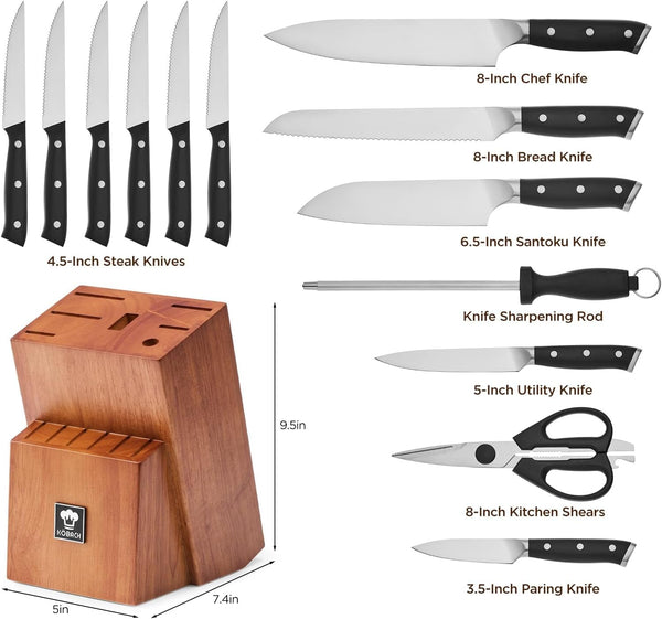 14 PCS Knife Set with Oak Wood Block,High Carbon Stainless Steel Kitchen Knife Set with Chef Knife, Santoku, Bread, Paring,Steak Knives, Kitchen Shears Sharp Knife Block Set with Sharpener3