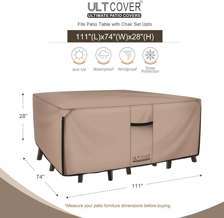 Rectangular Patio Heavy Duty Table Cover - 600D Tough Canvas Waterproof Outdoor Dining Table and Chairs General Purpose Furniture Cover Size 111L X 74W X 28H Inch+2