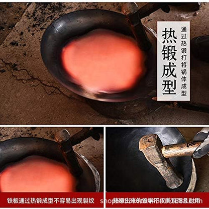 Chinese 100% Hand Hammered Iron Woks Stir Fry Pans, Non-Stick, No Coating, Less Oil, 34CM, Black Seasoned Wooden Handle, Masterchef5