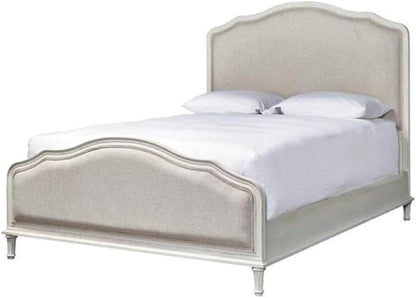 Farmhouse Upholstered Queen Bed, Solid Oak Frame, White Washed Finish, Linen Fabric, Camelback Arched Headboard and Footboard, French Country Style Bedroom Furniture, 60"X63"X86"1