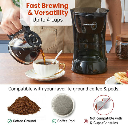 EHC4128 Automatic 4-Cup Drip Coffee Maker, Black | Glass Carafe, Pause N Serve, Reusable Filter, On/Off Switch, and Keep Warm with Water Level Indicator5