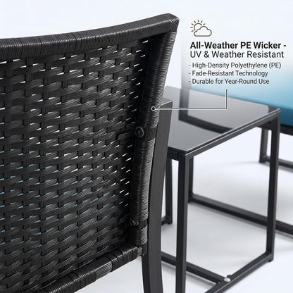 3-Piece Patio Bistro Set, PE Rattan, Tempered Glass, 400LBS, Blue8