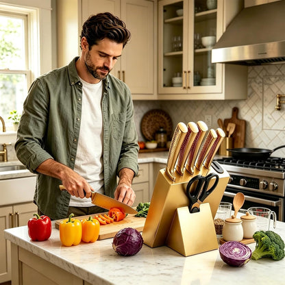 8Pcs Luxury Gold Kitchen Knife Set with Wooden Block,Elegant Gifts | High Carbon Stainless Steel Titanium Coated Chef Knives with Sharpener,Disherwash Safe,Housewarming Gift for Kitchen Decor5