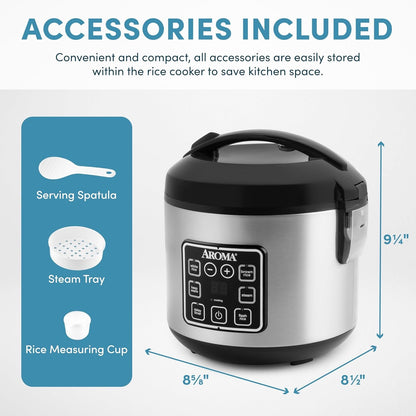 Digital Rice Cooker, 4-Cup (Uncooked) / 8-Cup (Cooked), Steamer, Grain Cooker, Multicooker, 2 Qt, Stainless Steel Exterior, ARC-914SBD3