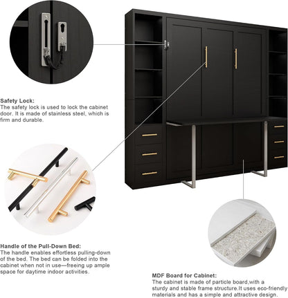 Queen Size Vertical Cabinet Metal Murphy Bed with Desk, Black6