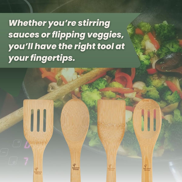 4 Piece Kitchen Utensils Set - Bamboo Cooking Utensils with Comfort Grip, Including Utensil Holder, Bamboo Spoons, Shovels & Spatulas | Wooden Utensil Set for Non-Stick Pans, Kitchen Essentials3