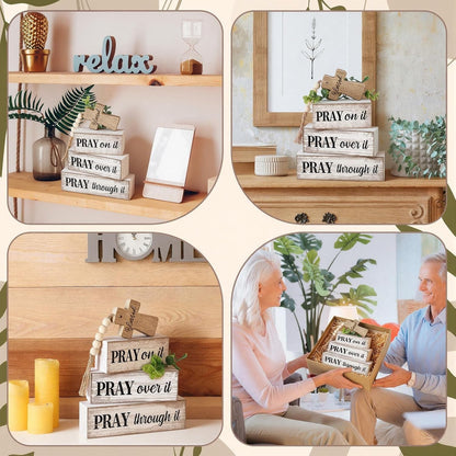 4 Pcs Christian Table Decor Wooden Cross Wooden Bible Verse Sign | Inspirational Religious Christian Centerpiece,Farmhouse Tiered Tray Decorations, Wooden Pray Block Signs, Faith-Inspired5