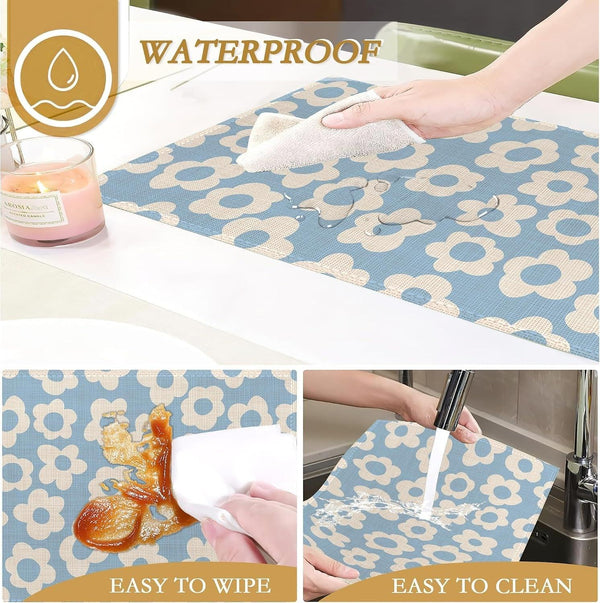 Vintage Groovy Flowers Placemats Set of 6, 12X18 Inch Waterproof Stain Resistant Linen Table Placemats Summer Seasonal Farmhouse Kitchen Party Decor Home Decor4