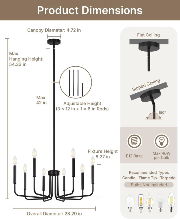 8 Light Black Chandelier, Farmhouse Chandelier for Dining Room Light Fixture Hanging, UL Listed Industrial Modern Chandelier for Bedroom, Foyer, Kitchen, Living Room, No Assembly Required4