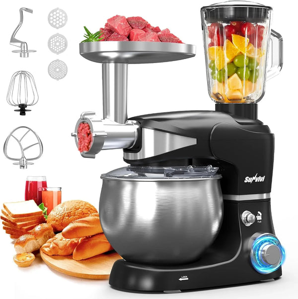 6-In-1 Multifunctional Stand Mixer, 6.5QT Tilt-Head Dough Mixer, Electric Stand Mixer with Stainless Steel Bowl for Cake, Bread, and Dough, with Meat Grinder, Juice Blender & Pasta Maker1
