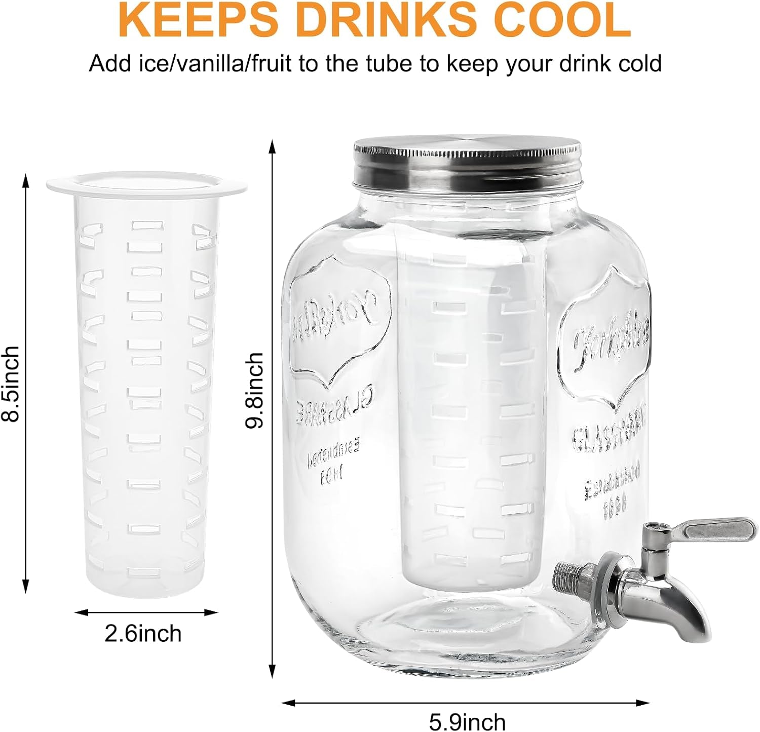 1-gallon-glass-beverage-dispenser-with-lid-stainless-steel-spigot-glass-drink-dispensers-for-parties-lemonade-dispenser-with-ice-cylinder-for-weddings-party-sun-tea-jar-water-juice-dispensers