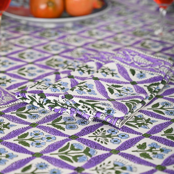 Hand Block Printed Tablecloth, Colorful Floral Print, Indian Artisan Handmade Art, Dining Room, Kitchen, Outdoor Party Decor, 100% Cotton, (Royal Purple Flora, 8 Seater 72 X 108 Inches Rectangle)7