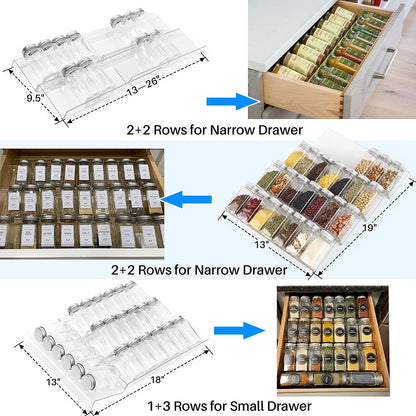 Spice Drawer Organizer, 4 Tier- 8 Pack Kitchen Spice Rack Tray for Drawer, Expandable from 13" to 26" Acrylic Seasoning Organizer Rack Holds up 56 Spice Jars (Jars Not Include)4