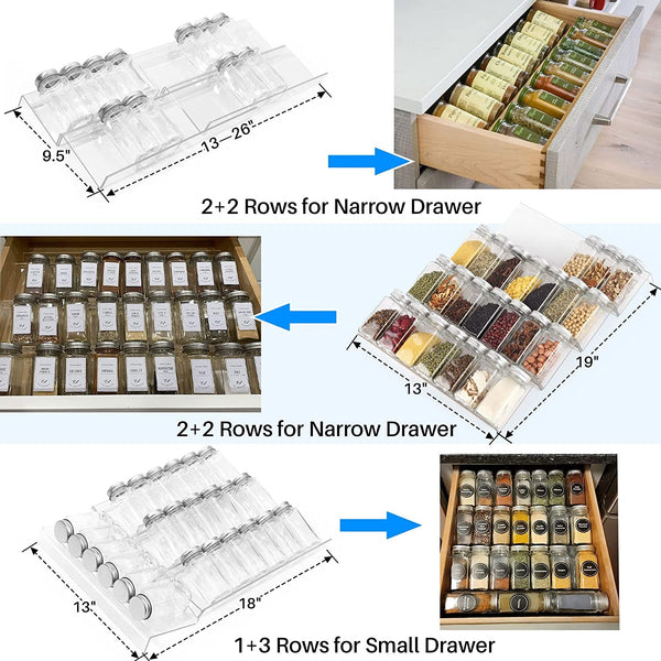Spice Drawer Organizer, 4 Tier- 8 Pack Kitchen Spice Rack Tray for Drawer, Expandable from 13" to 26" Acrylic Seasoning Organizer Rack Holds up 56 Spice Jars (Jars Not Include)4