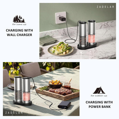 Rechargeable Electric Salt and Pepper Grinder Set with Storage Base,Automatic Refillable Salt and Pepper Shakers with LED Display,Upgraded Large Capacity,External Adjustable Coarseness for Mom Gifts3