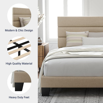 King Size Platform Bed Frame with Fabric Upholstered Headboard and Wooden Slats Support, Fully Upholstered Mattress Foundation/No Box Spring Needed/Easy Assembly, Beige6
