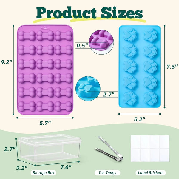 4 Pack Silicone Dog Treat Molds with Container and Ice Tong, Non-Stick Puppy Paw and Bone Shaped Set with Bin, Silicone Mold for Pupsicle, Chocolate, Gummy, Candy, Baking, Jelly, Ice Cube, Pudding3